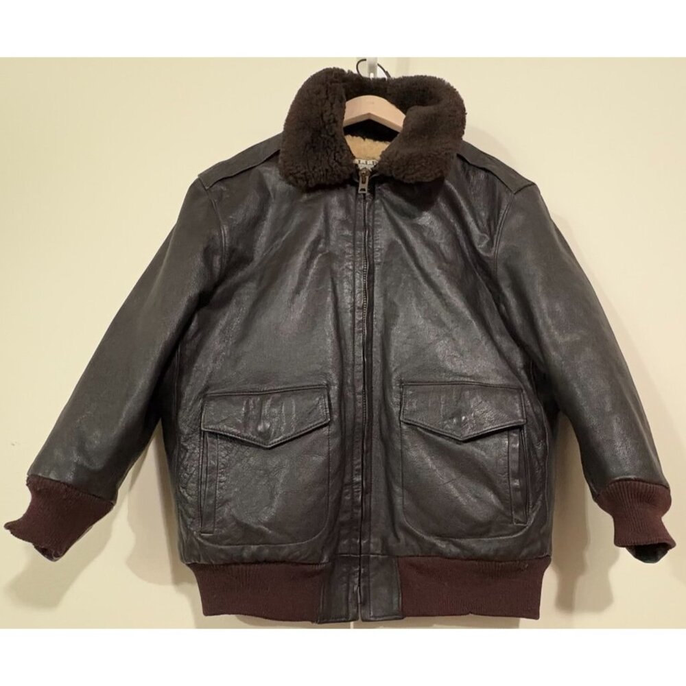 LL Bean Leather Sherpa Aviator G1 Jacket sz 46 Long Brown made USA VTG 70's 80's